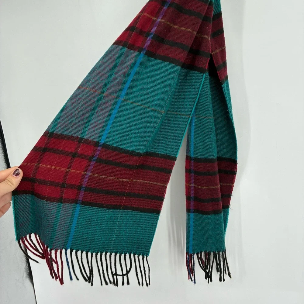 Vintage 90s Christian Dior Monsier Plaid Red Blue Fringe Long Scarf